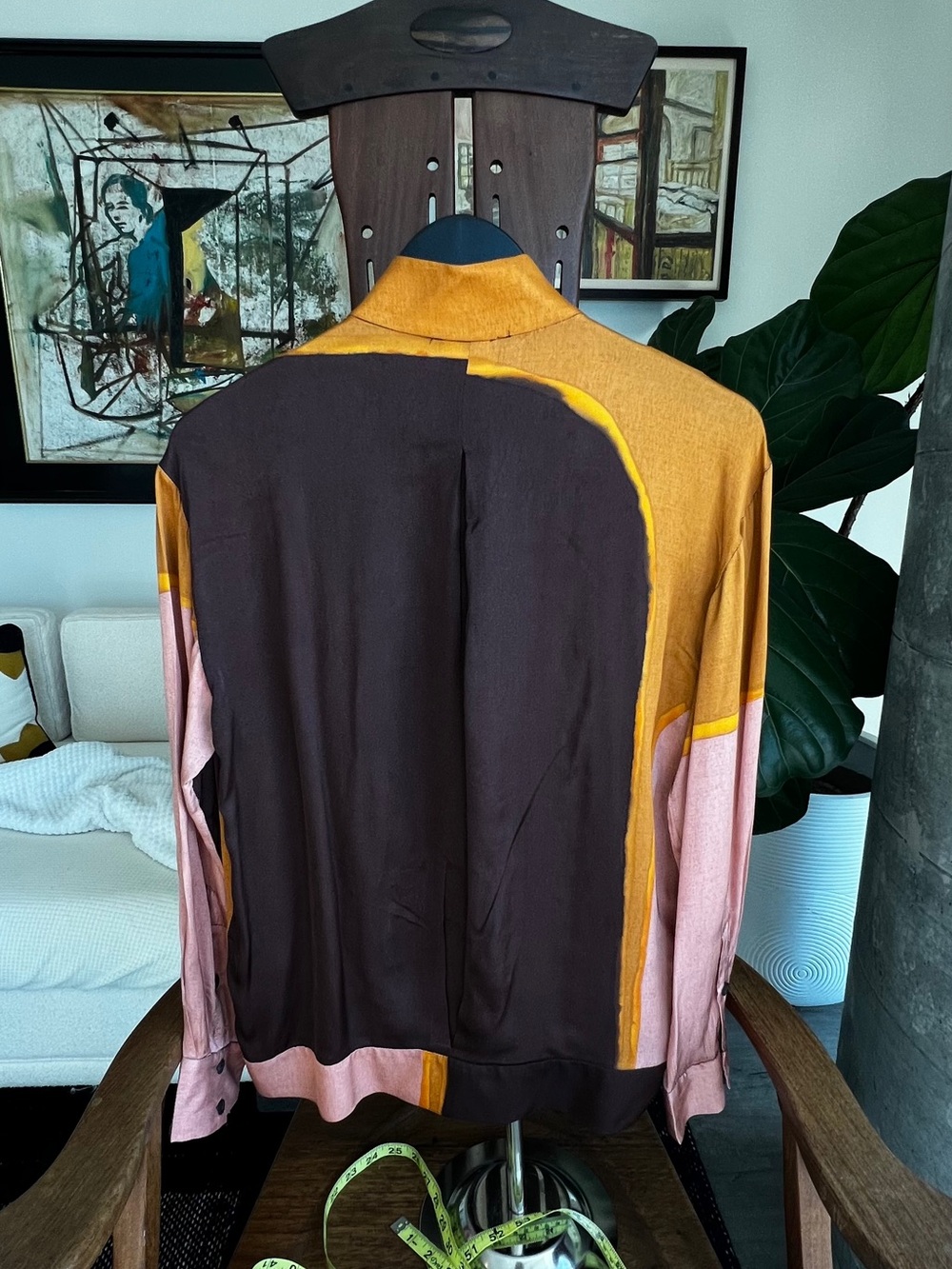 Zara Women’s Colorblock Long-Sleeve Silk Blouse - Brown/Gold/Pink